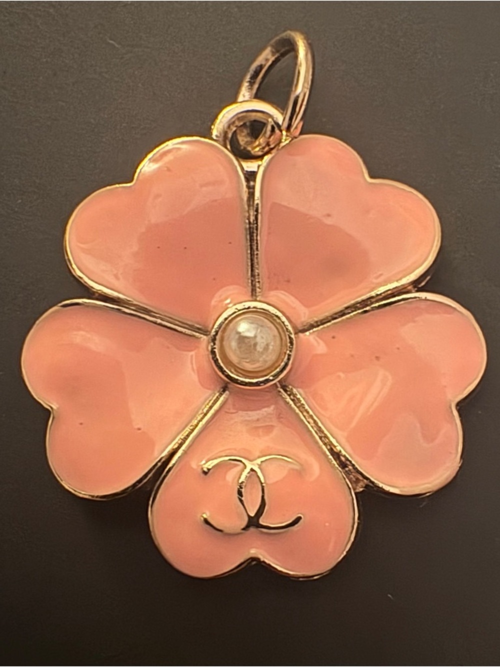 CHANEL Pink Camellia Flower Charm CC Logo Gold Tone Enamel Pearl Center